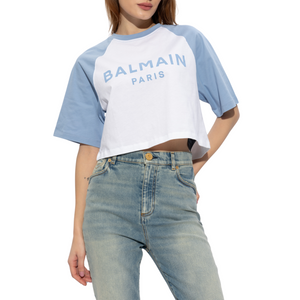 BALMAIN - Bicolor Cropped Balmain Paris T-Shirt