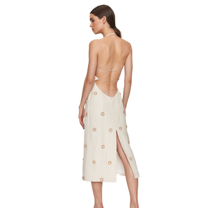 POCHE ROMA - Beige Linen Midi Dress With Crystals